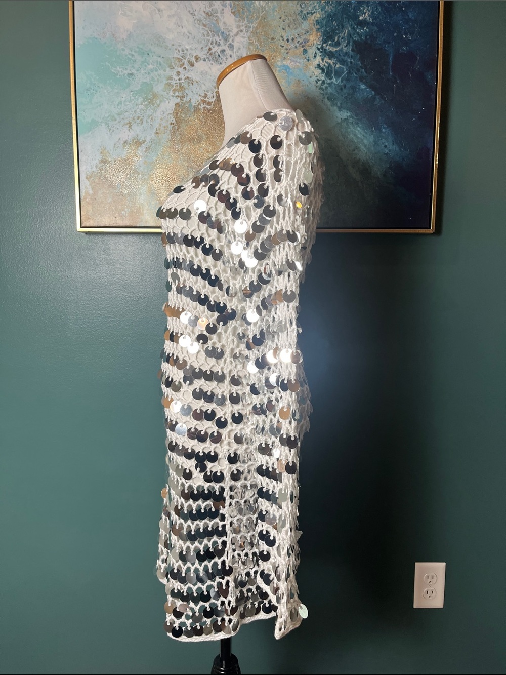AKIRA Silver White Sequin Crochet Long Sleeve Dress - Picture 3 of 6